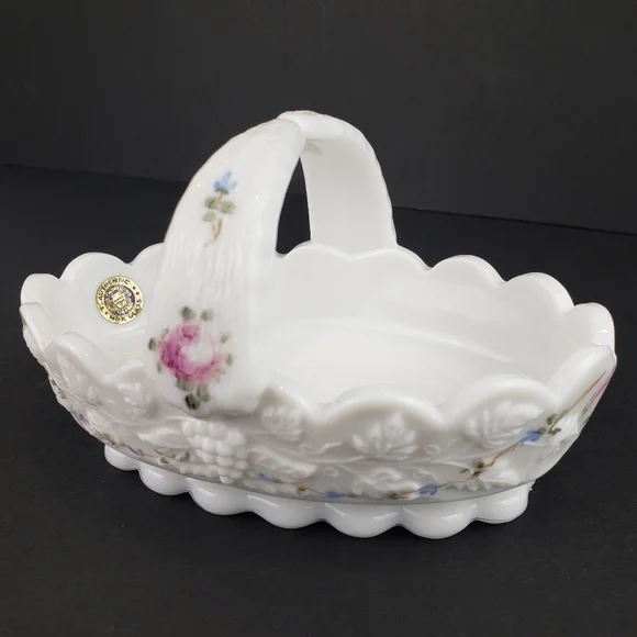 Westmoreland Milk Glass Basket Roses and Blue Vine Grapes Candy Dish Vintage - Picture 16 of 16